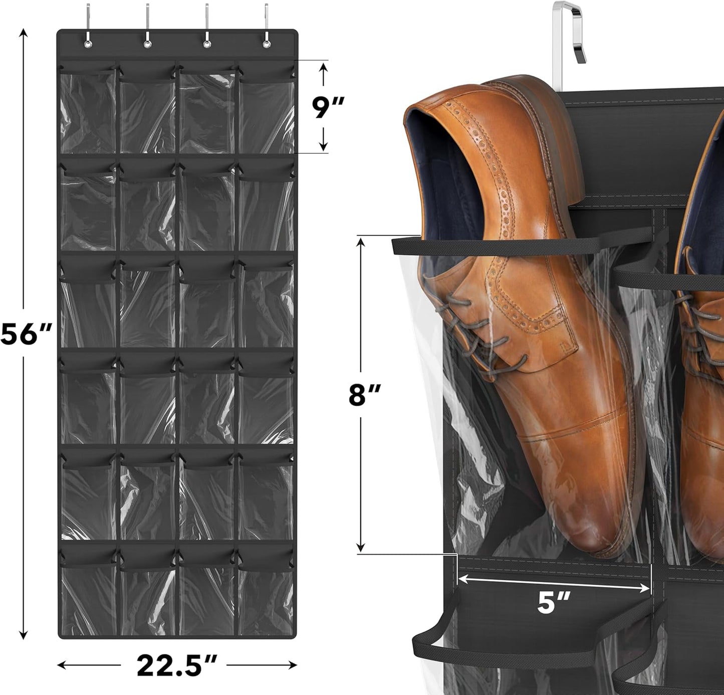 Simple Houseware Over The Door Shoe Organizer - 24 Clear Pockets, Dark Gray (56" x 22.5")
