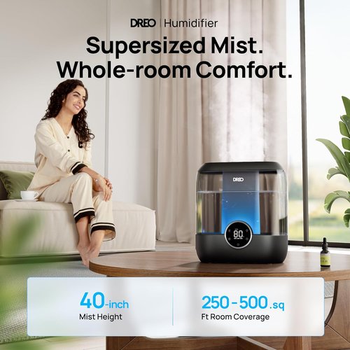 DREO Smart Humidifier - 6L Top Fill Cool Mist for Large Rooms | 60-Hour Runtime, Quiet & Night Light, Black