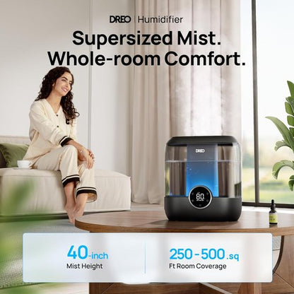 DREO Smart Humidifier - 6L Top Fill Cool Mist for Large Rooms | 60-Hour Runtime, Quiet & Night Light, Black