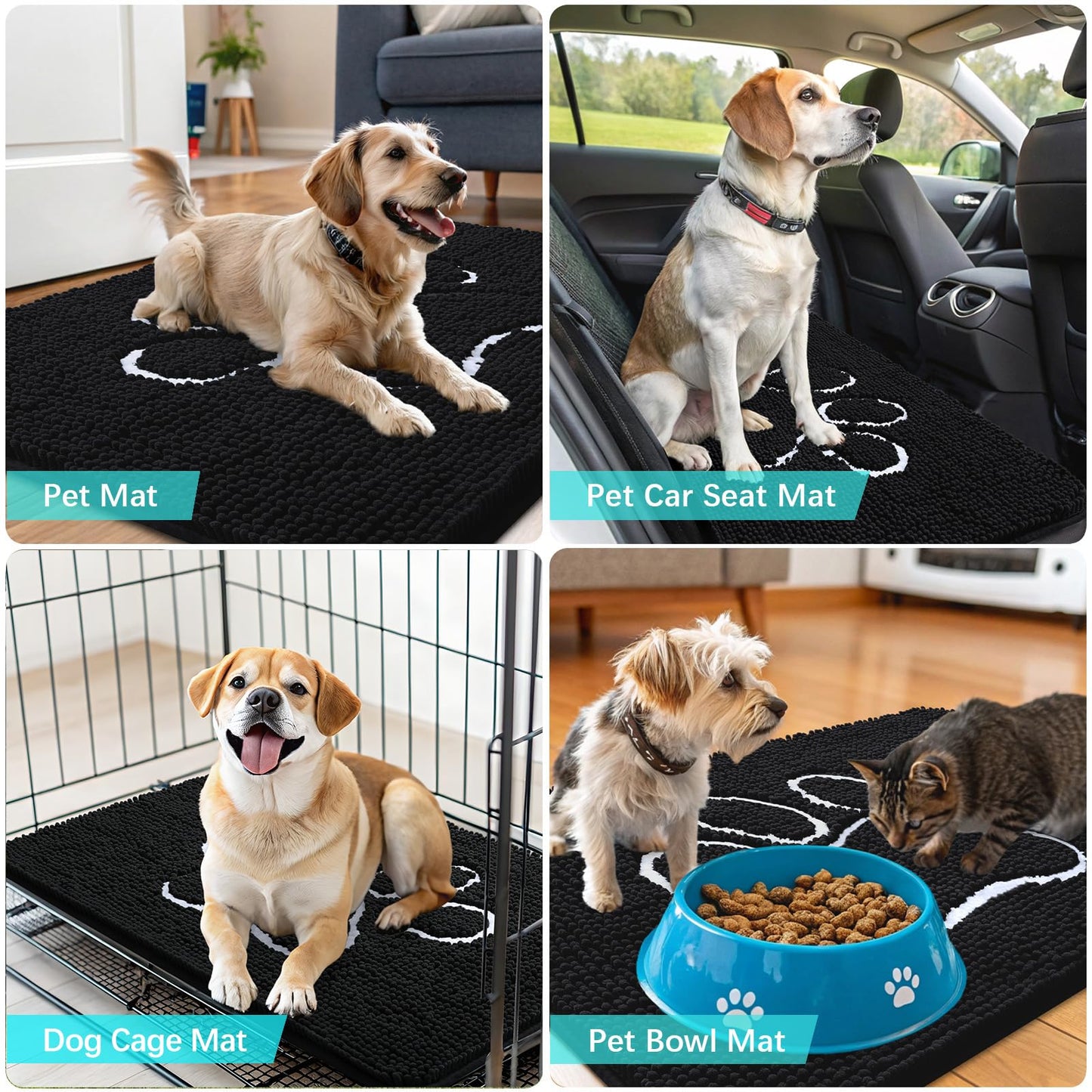 OLANLY Dog Door Mat for Muddy Paws 47x24, Paw Print Design, Absorbs Moisture and Dirt, Absorbent Non-Slip Washable Doormat, Quick Dry Chenille Mud Mat for Dogs, Entry Indoor Entryway Carpet, Black