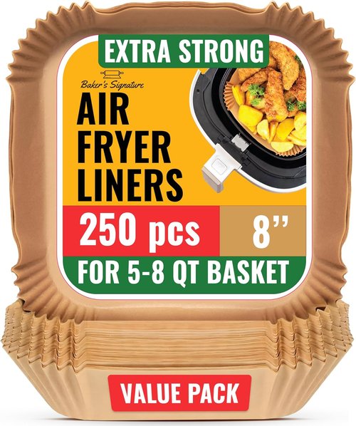 Baker's Signature Air Fryer Liners - 250 Pcs Non-Stick & Oil Proof, 8” Square for 5-8 Qt Baskets