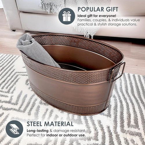 BREKX Metal Storage Basket for Living Room Organizing - Blanket Storage and Organization Bin for Farmhouse, Nursery, Laundry, Toy Basket for Babies & Dogs- Galvanized Tub Multi-Use