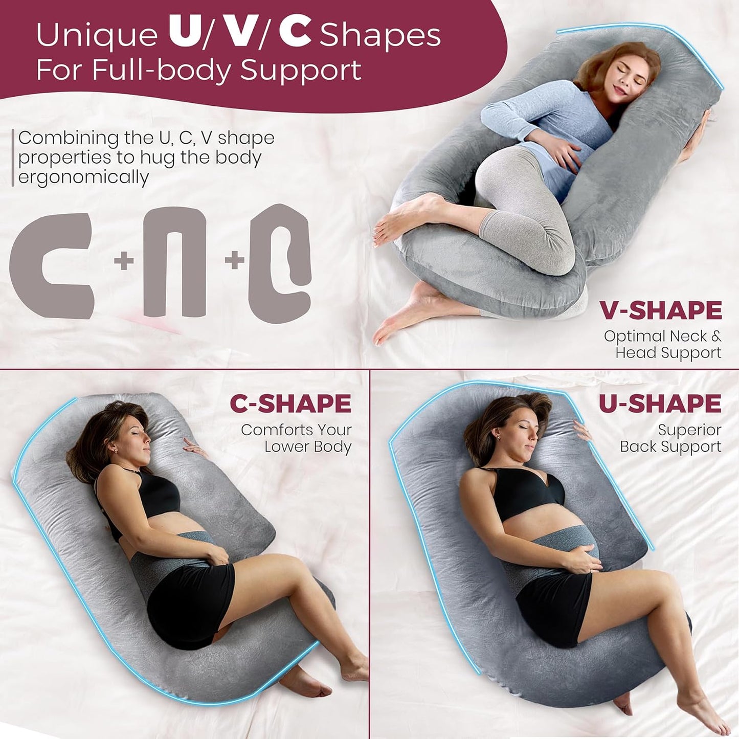 PILLANI Maternity Pillow - 57-Inch Pregnancy Support Pillow with Removable Washable Cover | V-C-U Shaped Full Body Comfort