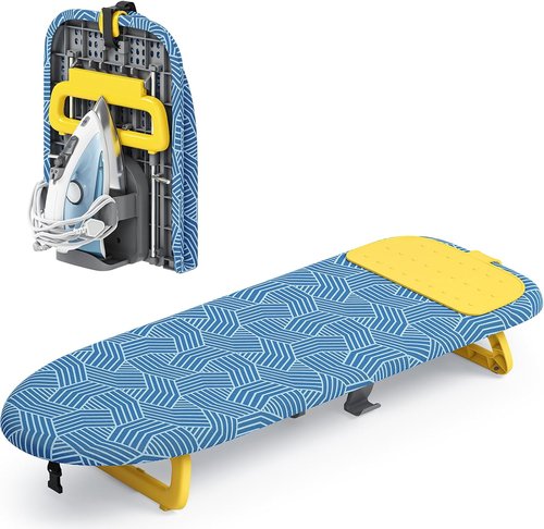 KINGBOARD Mini Ironing Board - Foldable Tabletop Design with Iron Holder | Easy Storage for Travel & Dorm, 12x32 Blue