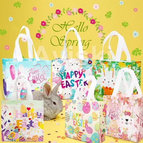 Aviski 6PCS Happy Easter Egg Hunt Bags, Assorted Sizes, Easter Bunny Carrot Chick Egg Treat Bag with Handles, Non-Woven Gifts Wrapping, Egg Hunt, Spring Party Supplies