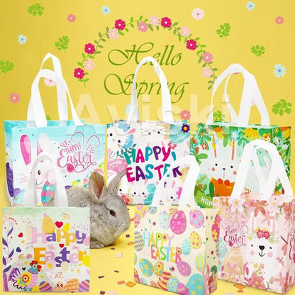 Aviski 6PCS Happy Easter Egg Hunt Bags, Assorted Sizes, Easter Bunny Carrot Chick Egg Treat Bag with Handles, Non-Woven Gifts Wrapping, Egg Hunt, Spring Party Supplies