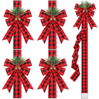 Crowye 8 Pcs Christmas Ribbon Bow Set with Pine Cones - Red Black Plaid Cabinet Decoration (Variation: Red and Black Plaid)
