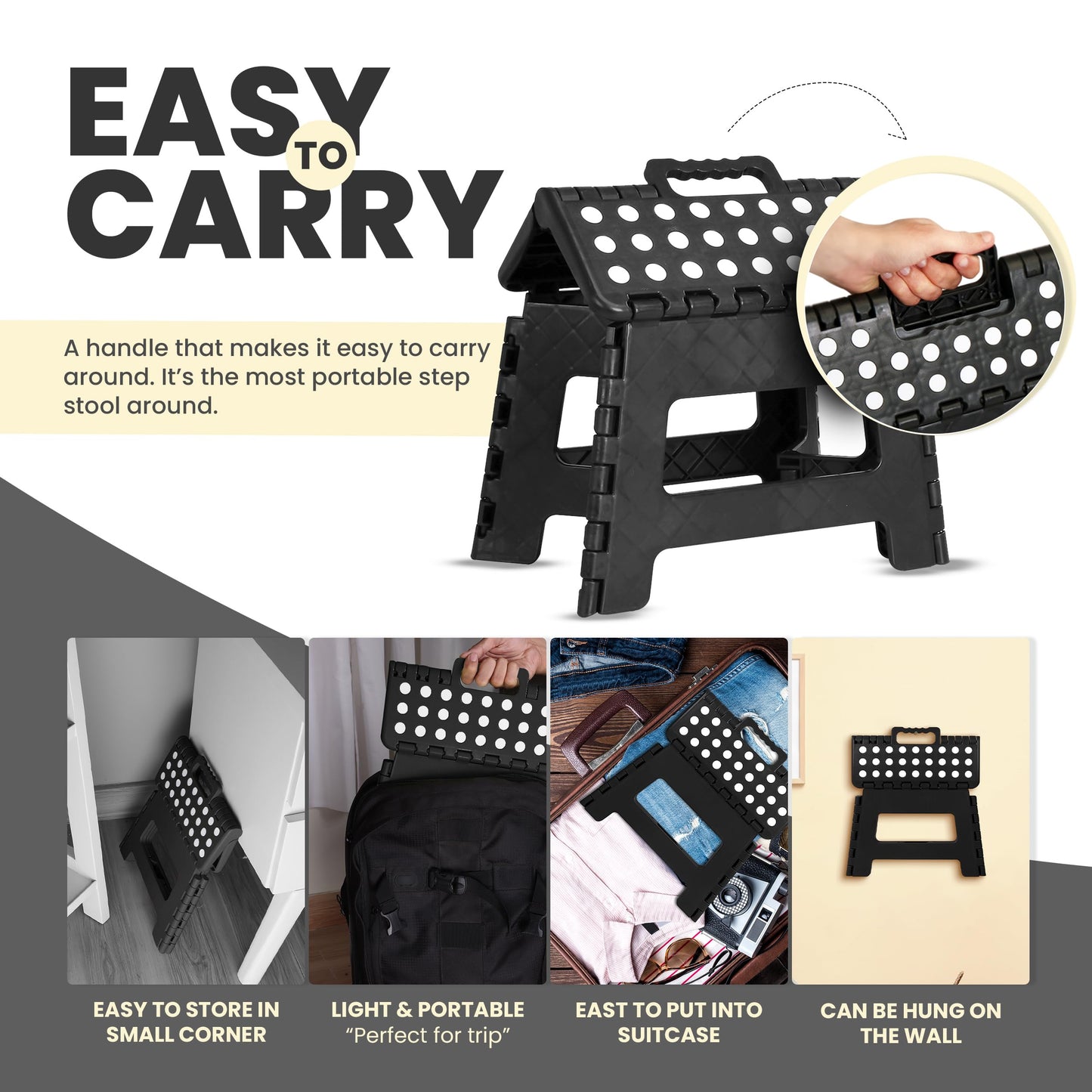 Utopia Home Folding Step Stool with Handle – 9 Inch Anti Slip Collapsible Stool – Holds Up to 300 lbs – Sturdy Plastic Step Stool Foldable for Kitchen, Bathroom and Home Use (1-Pack, Black)