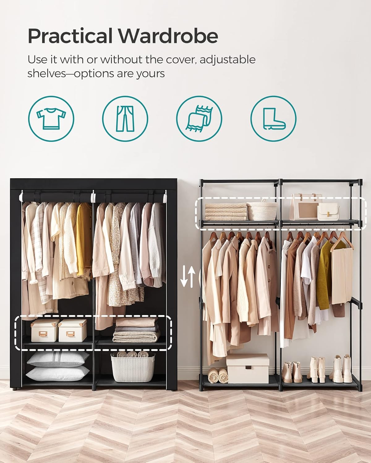 SONGMICS Portable Closet Wardrobe - Clothes Storage Organizer with Non-Woven Fabric Cover | 55.1" x 16.9" x 68.5", Black