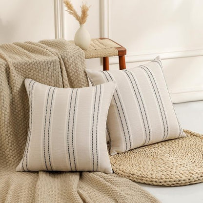 Hckot Throw Pillow Covers - Set of 2 Textured Linen Striped Decorative Cushions | 20x20 Inches, Grey