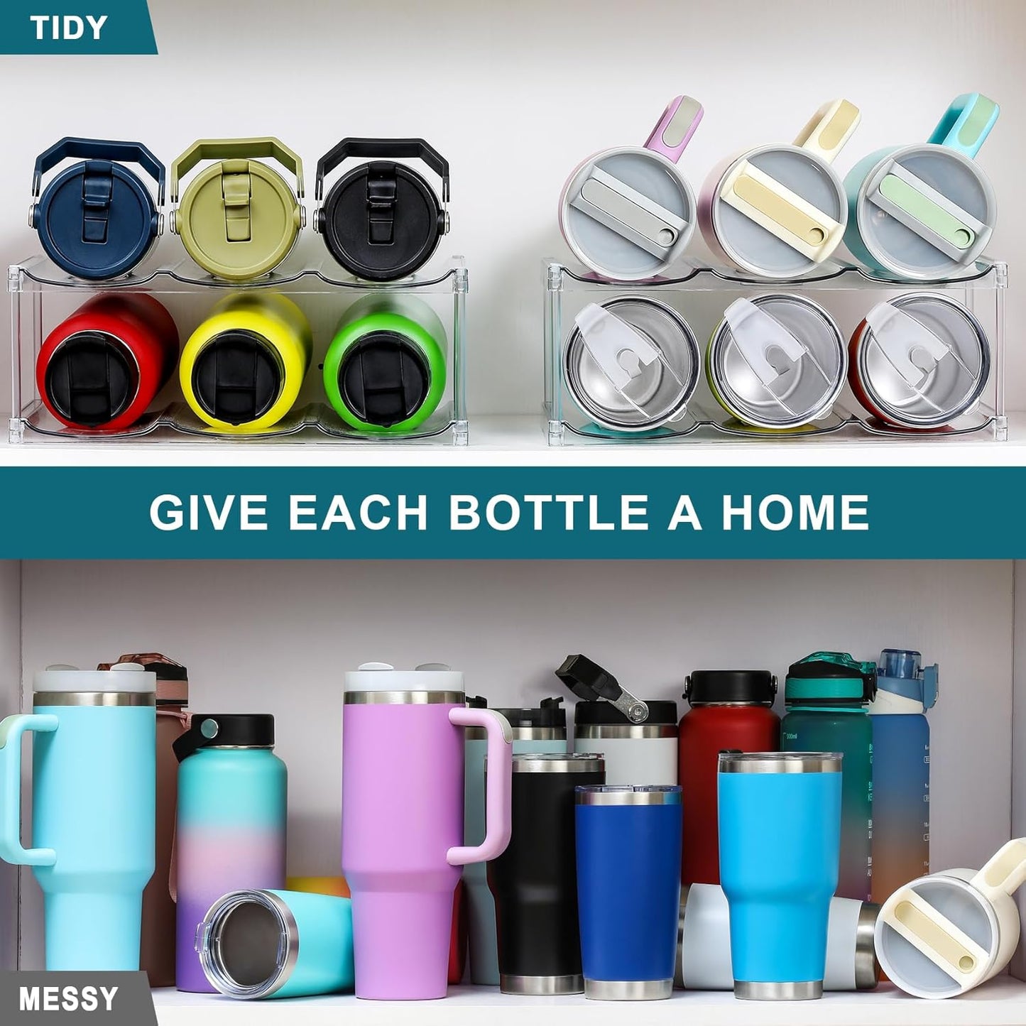 Skiennix Stackable Water Bottle Organizer - Large Compartment for Stanley Tumblers | Clear 2-Tier Rack Holds 6 Bottles