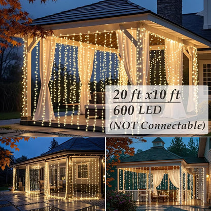 Solhice LED Curtain Lights - 20ft x 10ft Outdoor String Lights | 600 Warm White Twinkle LEDs for Wedding Decor