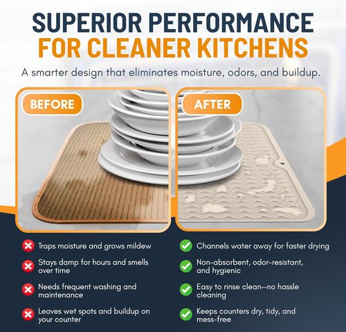 Linda’s Essentials Silicone Dish Drying Mat - Non-Slip & Heat-Resistant 16 x 12 Inch Kitchen Pad | Beige