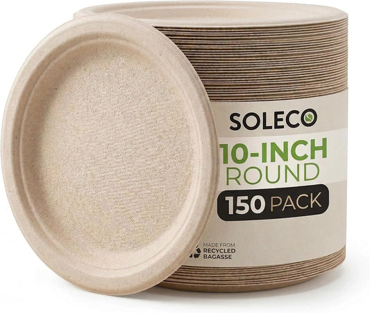 SOLECO Compostable Paper Plates - 10 Inch | 150 Pack Heavy-Duty Biodegradable Plates Made from Sugarcane Fibers