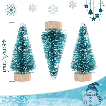 Skiennix Mini Bottle Brush Christmas Trees - 24 Pack with Wood Base | Blue-Green Winter Ornaments for Crafts
