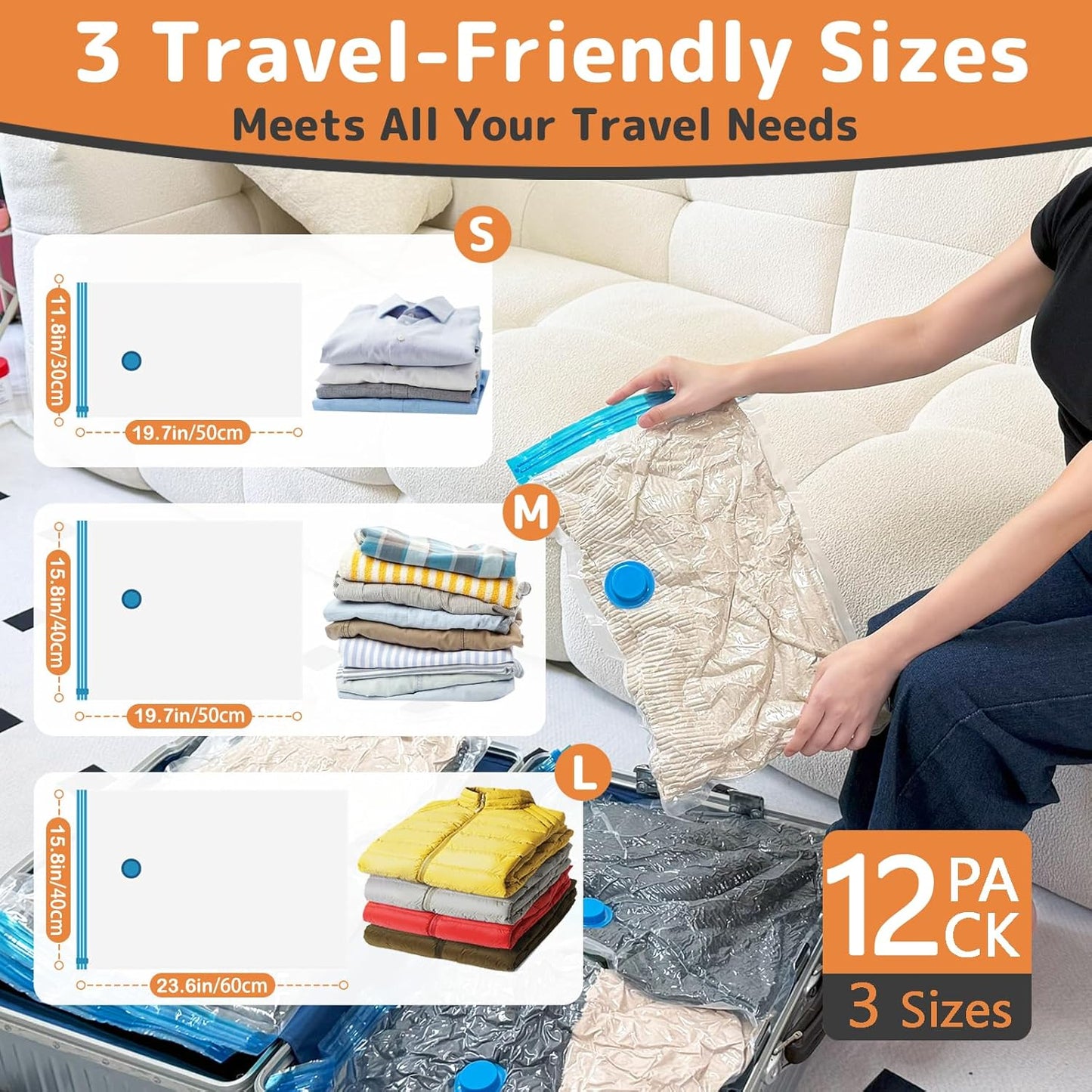 Travel Vacuum Bags - 12 Pack Compression Bags with Rechargeable Mini Pump for Luggage & Suitcase