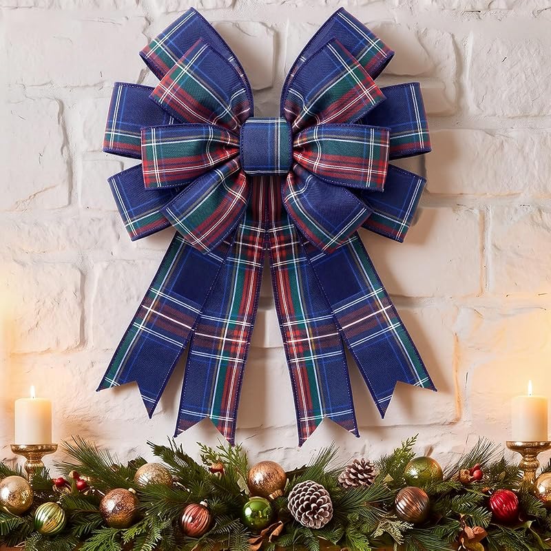 Navy Blue Plaid Wreath Bow, 17.7 x 14.5 in | Large Tartan Burlap Christmas Decor - Variation: Navy Blue