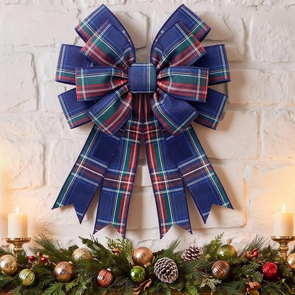 Navy Blue Plaid Wreath Bow, 17.7 x 14.5 in | Large Tartan Burlap Christmas Decor - Variation: Navy Blue