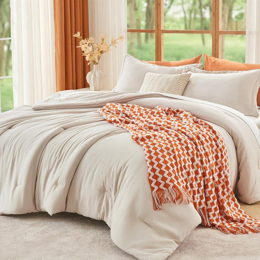MUXHOMO Queen Size Comforter Set - Beige 3-Piece Solid Bedding for All Seasons | Lightweight Down Alternative (90"x90")