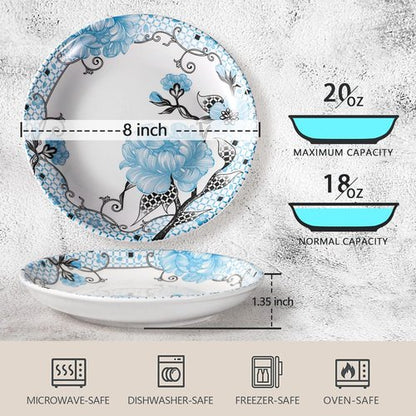 Artena Pasta Bowls Set - 20oz Porcelain Salad Bowls | 8 Inch Colorful Dinner Plates in Blue Peony
