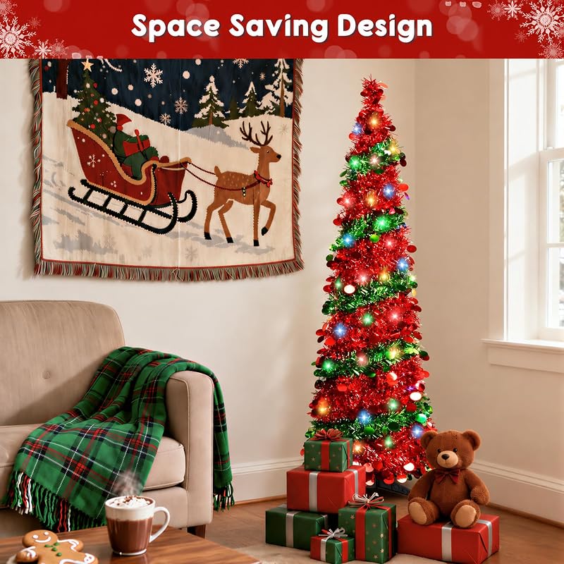 5ft Pop Up Christmas Tree with 90 LED Lights - Collapsible Tinsel Tree (Green) - Indoor Outdoor