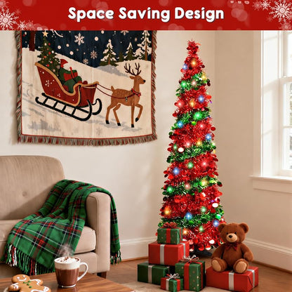 5ft Pop Up Christmas Tree with 90 LED Lights - Collapsible Tinsel Tree (Green) - Indoor Outdoor