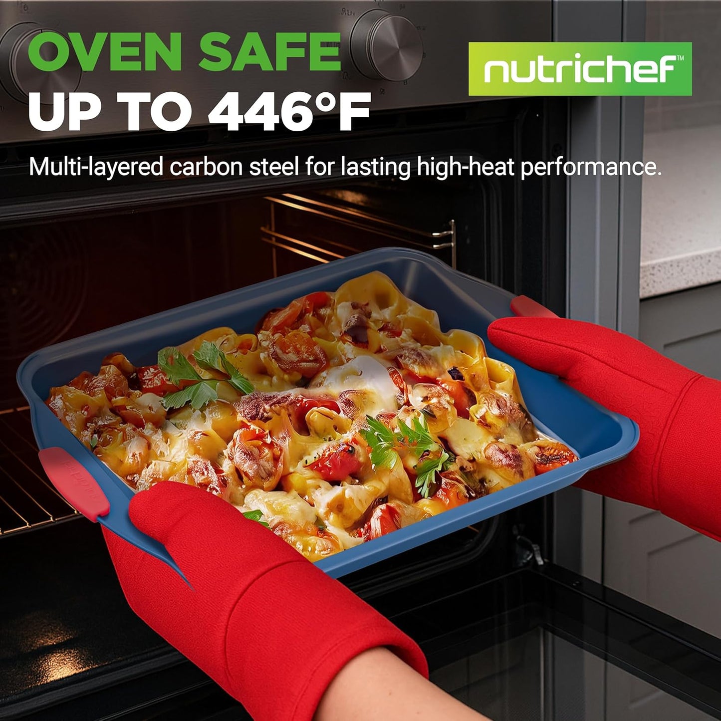 NutriChef 6-Piece Bakeware Set - Nonstick Carbon Steel Pans with Red Silicone Handles | Durable & Stain-Resistant (Blue)