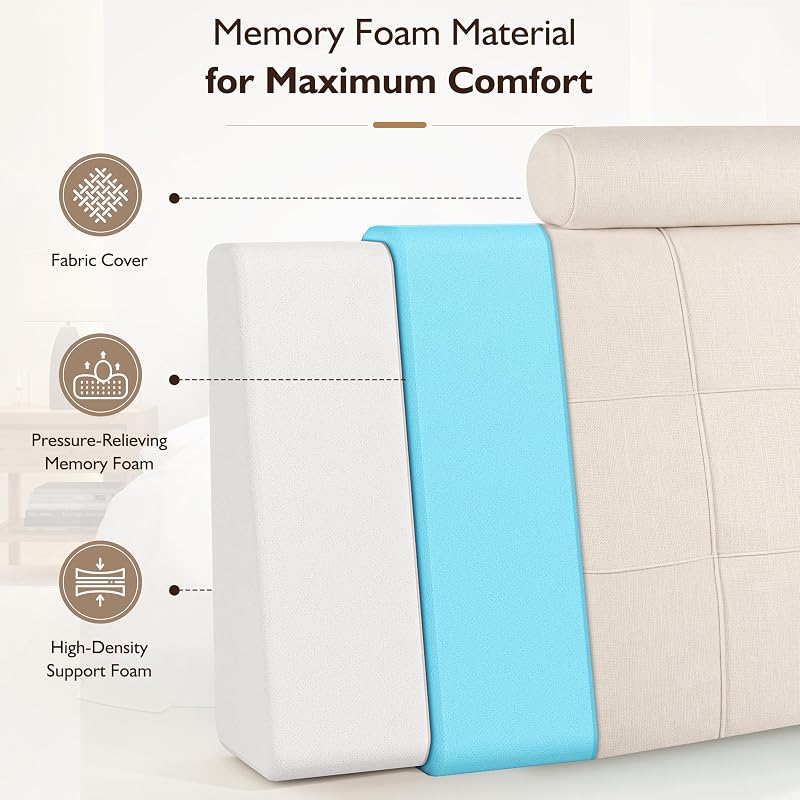 Twin Headboard with Headrest - Memory Foam Upholstered Beig e Twin