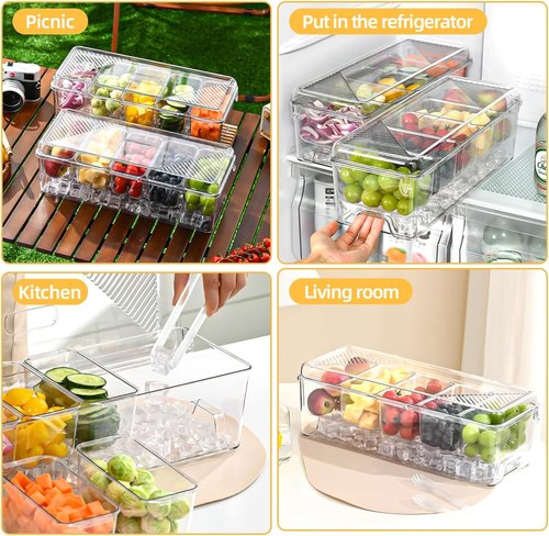 Large Chilled Condiment Caddy,Stackable Chilled Condiment Containers Server with Lids for 5 Removable Compartments (5 Containers, 1 pack)