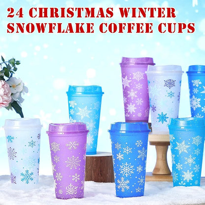 24 Pcs Christmas Reusable Coffee Cups with Lids, 16 oz - Snowflake Style (Variation of THIS listing: 24+Snowflake Style)
