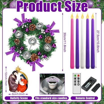 Tioncy 12-Inch Christmas Advent Wreath - Flameless Candle Holder with Remote Control & Berries Decor