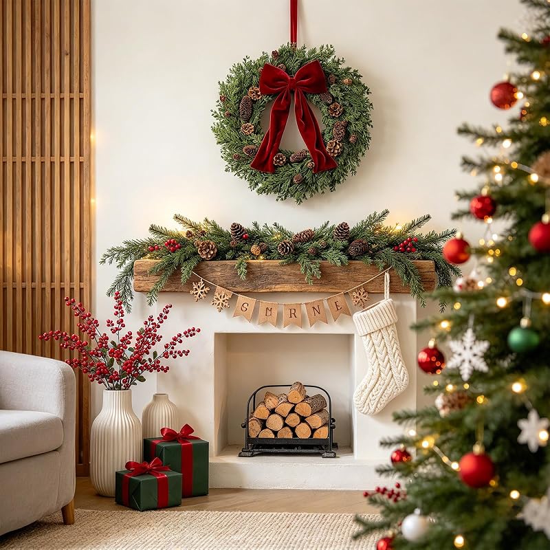 Christmas Wreath 24 Inch Front Door Artificial Pine Needle with Red Bow Pinecones