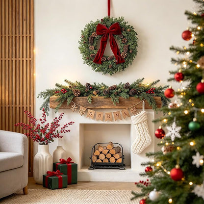 Christmas Wreath 24 Inch Front Door Artificial Pine Needle with Red Bow Pinecones