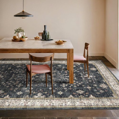 Hazo Haus Boho Area Rug - Washable 7x9 Black Low Pile Non-Slip Dining Room & Bedroom Decor | Stain Resistant