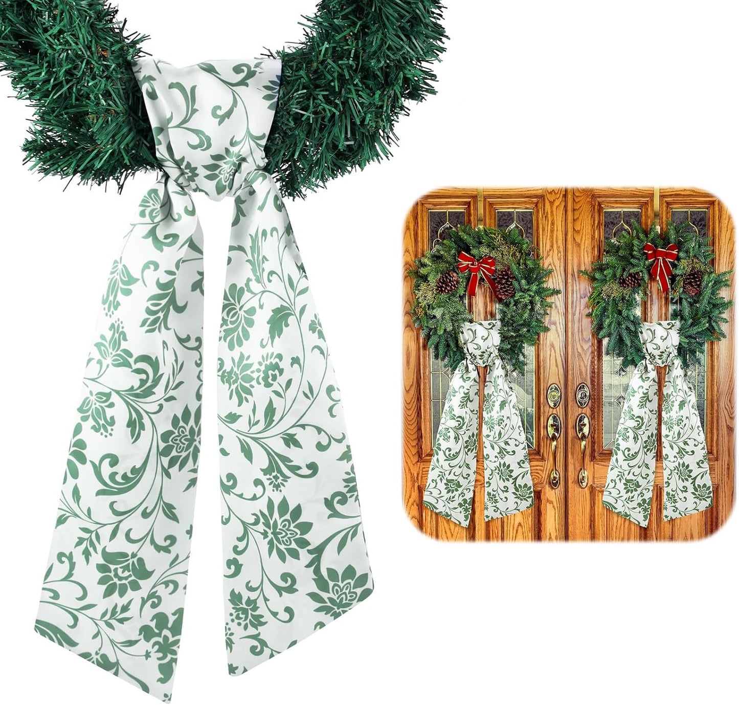 VitalCozy Wreath Sash - 2 Pcs Garland Ribbon Accessories for Indoor/Outdoor Decor | 4.5" W x 56" L (Green)