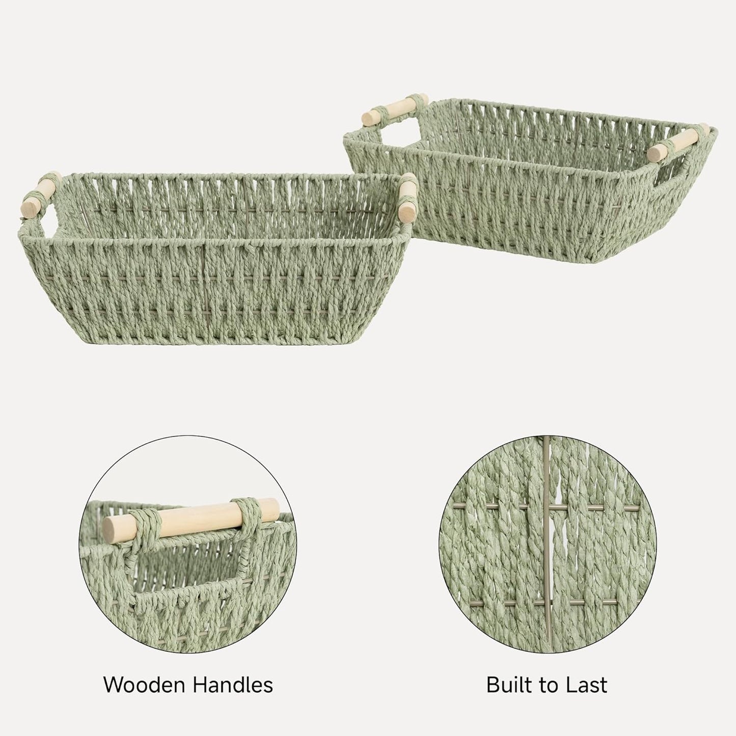 StorageWorks Large Wicker Storage Baskets - Organize with Wooden Handles | Bosana Green, 2-Pack