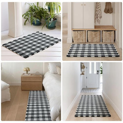TYUU Waffle Bath Mat, Boho Bathroom Rugs Non Slip Washable Absorbent Checkered Bathroom Mat Quick Dry Farmhouse Bathroom Decor, 24"x16" Black and White