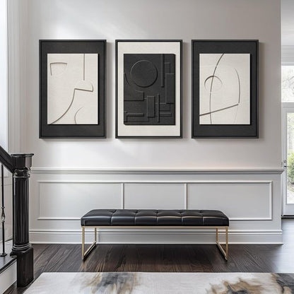 Framed 3D Textured Black and White Abstract Wall Art by [Brand Name] - Modern 3-Piece Set for Living Room | Minimalist Geometric Paintings 24x36 In
