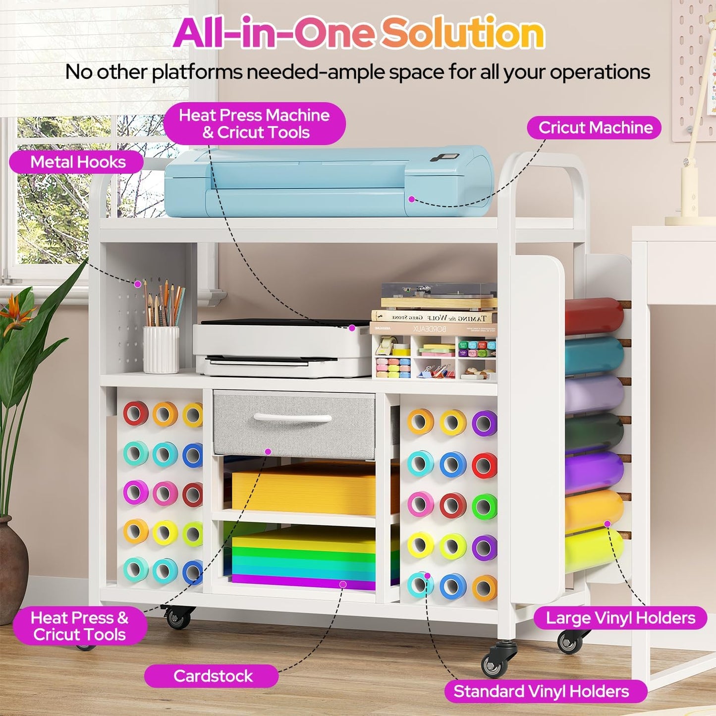 Skiennix Craft Organization Cart - Rolling Storage Table with Vinyl Roll Holder & Drawer | Large, Versatile Design