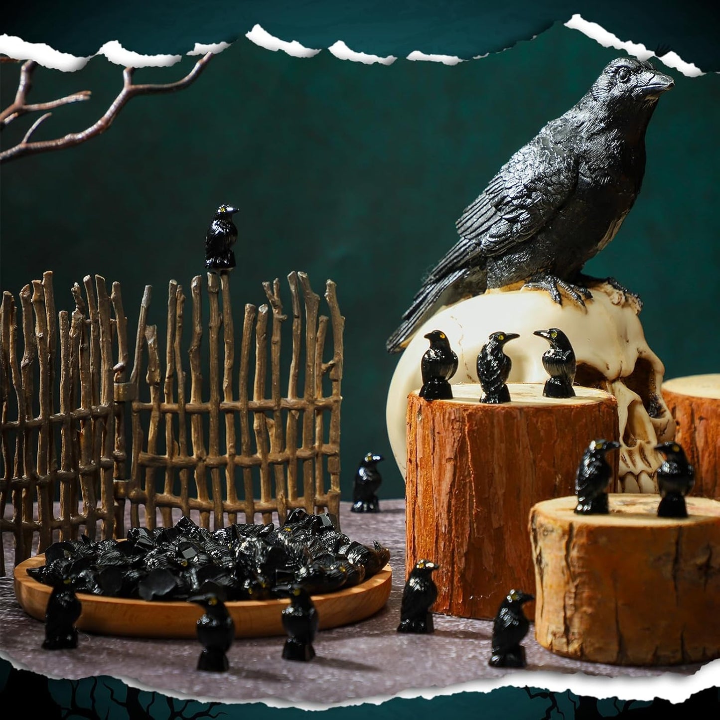 Skiennix Miniature Crows Decor - 50 Pcs Black Resin Raven Figurines for Holiday & Party Decor