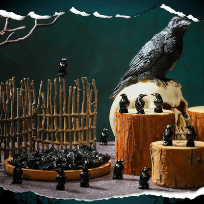 Skiennix Miniature Crows Decor - 50 Pcs Black Resin Raven Figurines for Holiday & Party Decor