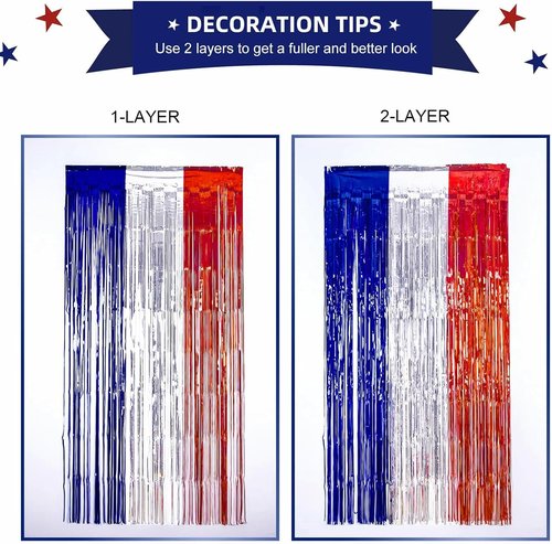 LOLStar 4th of July Decorations - 3-Pack Red, White & Blue Streamers | Patriotic Foil Fringe Curtains & Props