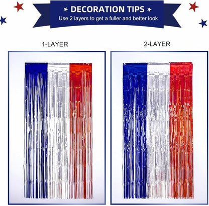 LOLStar 4th of July Decorations - 3-Pack Red, White & Blue Streamers | Patriotic Foil Fringe Curtains & Props