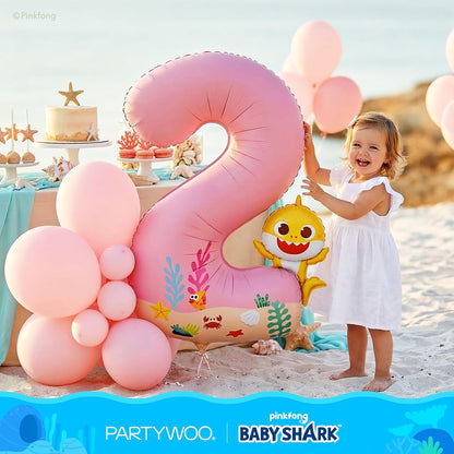 PartyWoo Baby Shark Pink Foil Number 2 Balloon - 40 Inch Mylar Helium Birthday Decoration for Kids