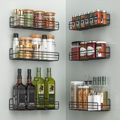 Moforoco Spice Rack Organizer - Wall-Mounted 6-Pack Black Shelves for Kitchen Storage & Decor