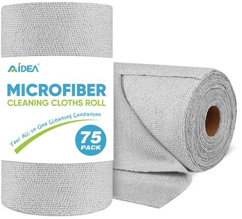 AIDEA Microfiber Cleaning Cloth Roll, Grey 75PK, Reusable Paper Towels Tear Away Cloth, Microfiber Towels for Cars, Wash Cloths, Lint Free Rags for House, Kitchen,Window,Cleaning Supplies 11.5"×11.5"