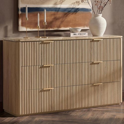 Fluted Dresser by [Brand Name] - 6 Drawer Chest with Faux Marble Top | Curved Design in Natural Oak