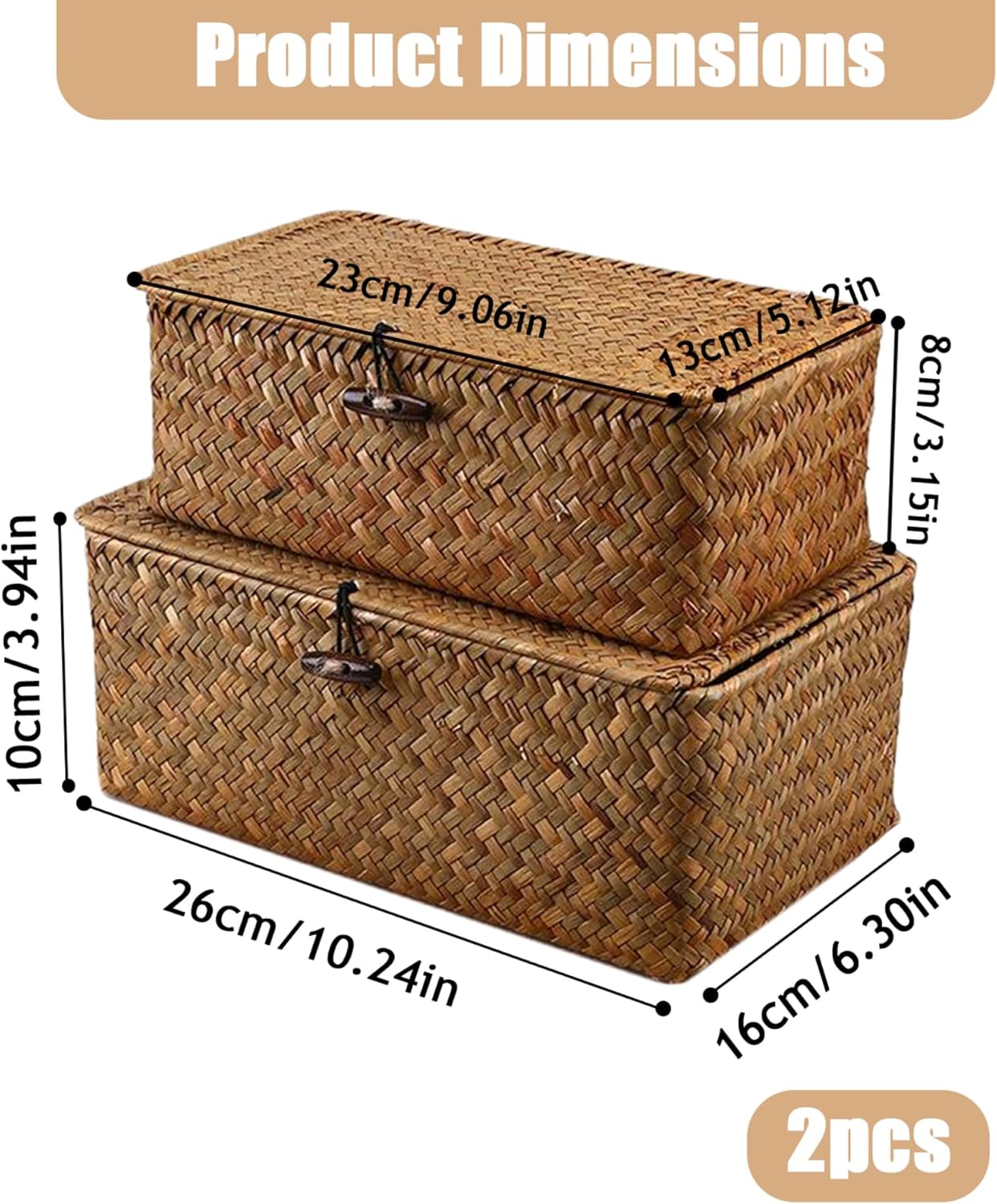 Skiennix Storage Baskets - 2 PCS Woven Seagrass Baskets with Lid for Stylish Organization | 10x6x4 & 9x5x3 Inches