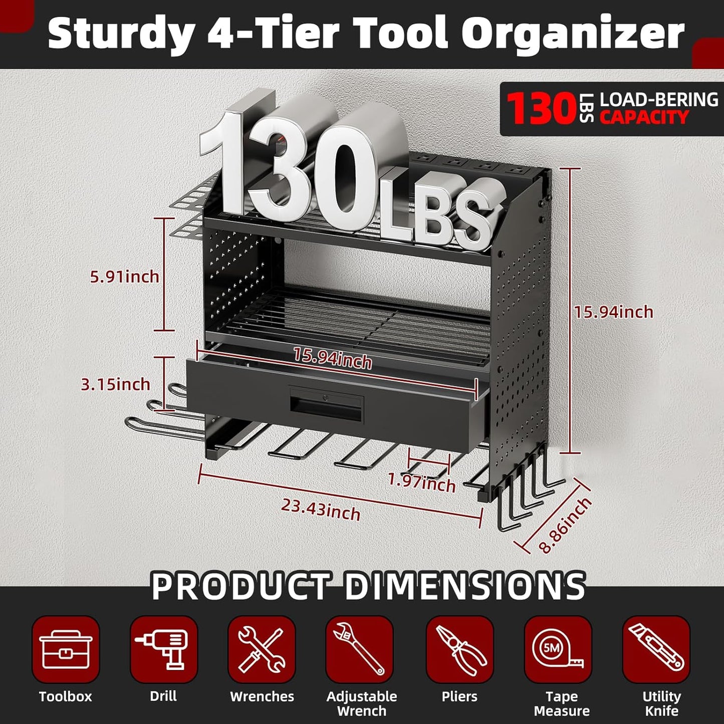 Power Tool Organizer - Heavy Duty Wall Mount Storage Rack | 130 lbs Capacity, 4 Layers, 6 Drill Holders