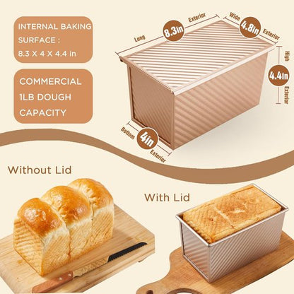 KITESSENSU Pullman Loaf Pan - Non-Stick Carbon Steel Bread Mold with Lid, 1 lb Capacity, Gold